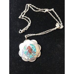 Vtg 1960's Peyote Bird Pendant Inlaid Chipped Turquoise & Coral Stamped Sterling